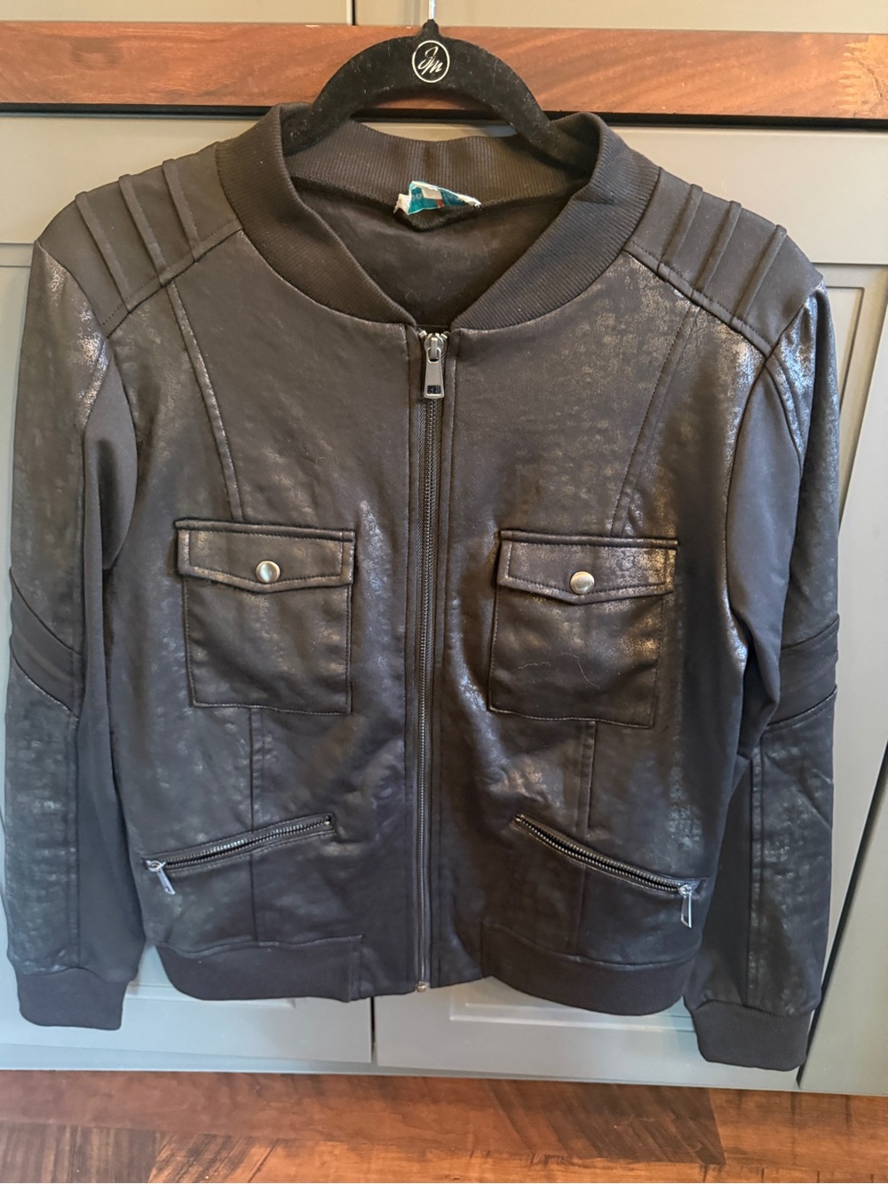 Grace & Lace Women’s Black Stretch Faux-Leather Bomber Jacket - size L